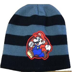 Nintendo Super Mario Knit Beanie Hat Black Gray Striped Winter Tube Cap One Size